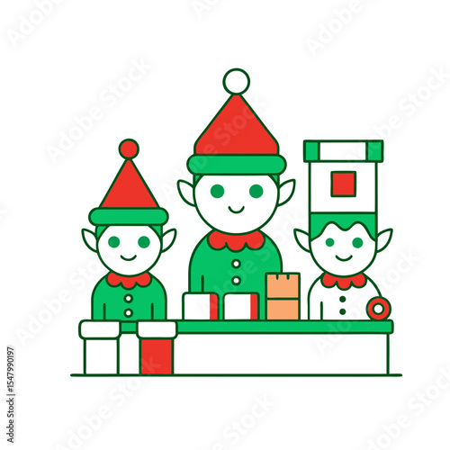 Cute elves working in a toy shop line art illustration.