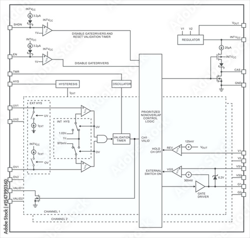 Schematic diagram of electronic device.
Vector technical drawing electrical circuit with 
controller, operational amplifier, 
logic element of integrated circuit, 
switch, transistor on white sheet. 