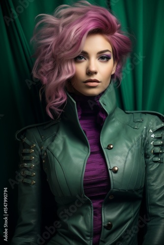 Confident woman with stylish pink hair wearing a green leather jacket and purple top posed against a vibrant green backdrop