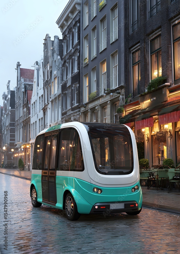 Fototapeta premium Autonomous shuttle navigating quiet urban street