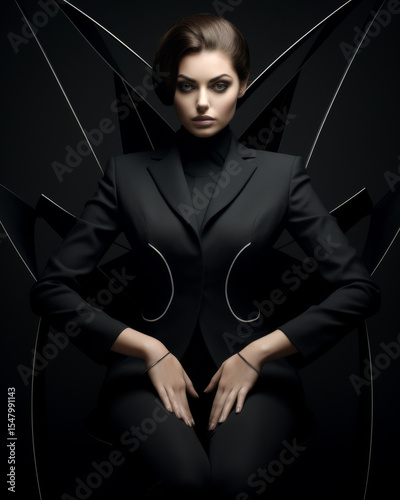 Elegant woman in a sleek black suit poses confidently against a dark, abstract background with sharp geometric shapes