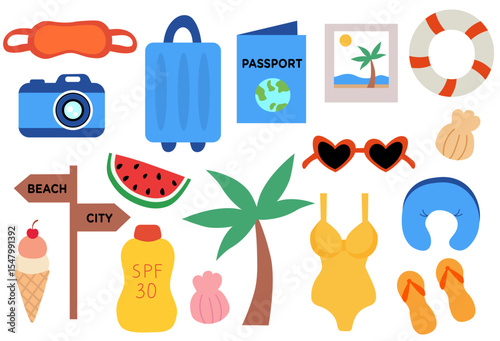 Summer Elements set. Tropical vacation and travel collection. Vector illustration.