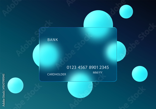 Credit card with glowing blue spheres, glass morphism style image