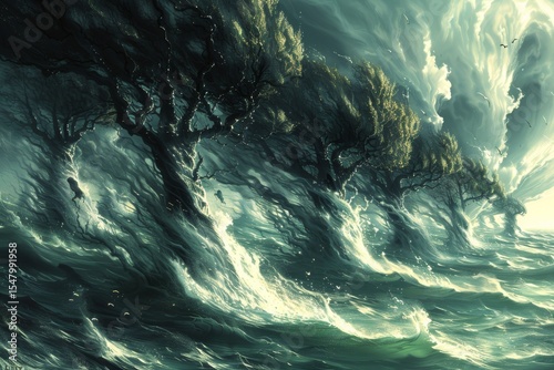 Dramatic ocean waves clash with ancient trees as storm clouds gather on the horizon