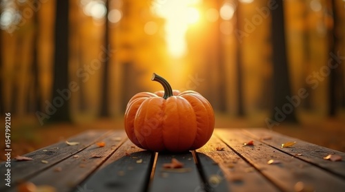 Beautiful close-up of large pumpkin on rustic wooden table in autumn forest, bathed in warm, golden sunlight