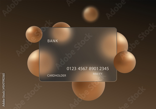 Credit card with bronze metal spheres, glass morphism style template.