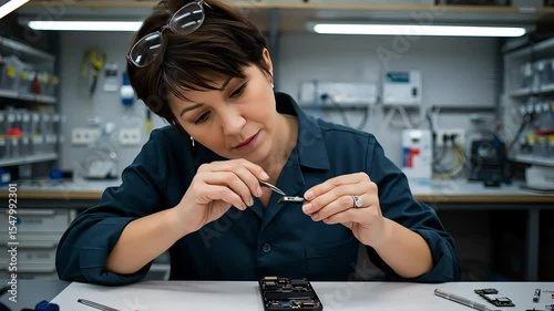 Female technician assembling electronic components in a modern workshop laboratory