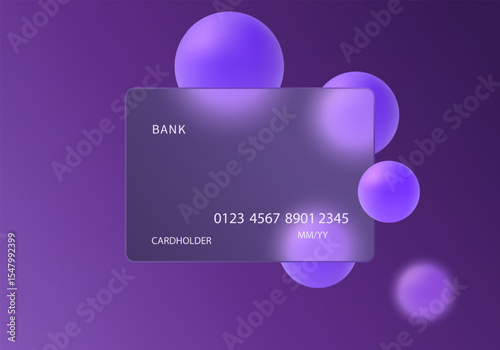 Transparent credit card background with glowing purple spheres