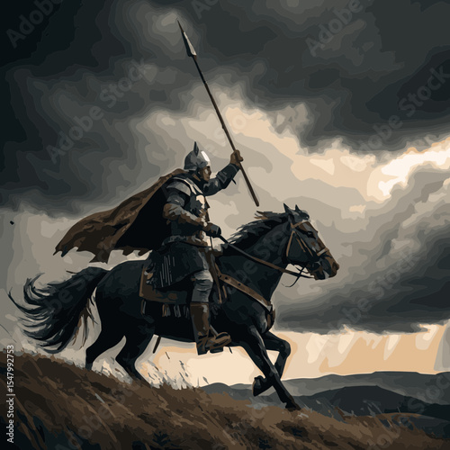 Photograph of a lone warrior on horseback, charging forward with a spear held high. The warrior is dressed in medieval armor, including a helmet, breastplate, and greaves, with a flowing cape.