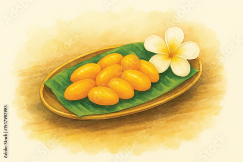 Thai Dessert – Med Kanun (Golden Jackfruit Seed Sweet) on Brass Plate with Banana Leaf – Watercolor PNG