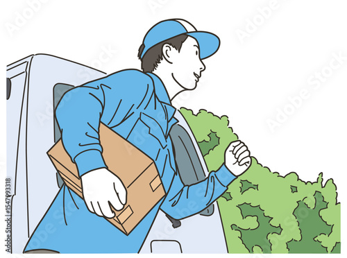 軽バンの前で荷物を運ぶ配達スタッフ
