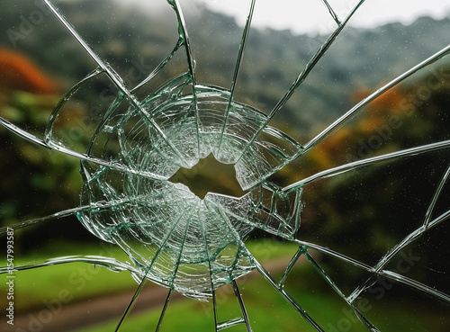 The fractured glass displays a network of intricate patterns.