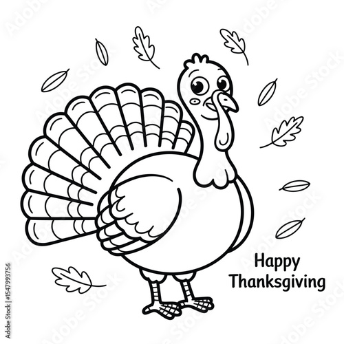 Cute turkey doodle in outline style black and white vector