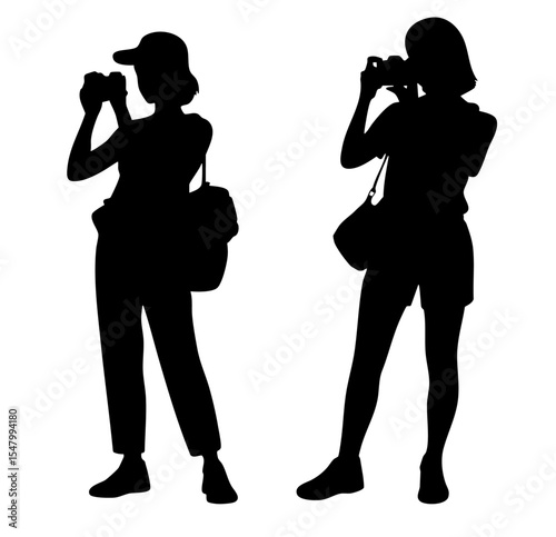 Silhouette vector of female tourists taking photos with camera, wearing casual outfit and backpack, transparent background, ideal for travel, tourism, sightseeing, lifestyle, and adventure designs