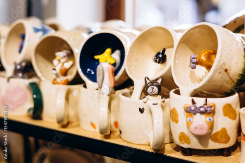 Handmade ceramic mugs decorated with animal figures displayed in shop window.