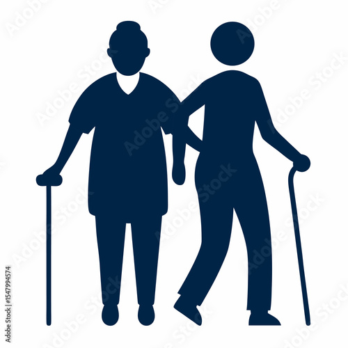 Vector Illustration of an Elderly Patient with a Walking Cane Being Assisted by a Nurse Depicting Healthcare and Support