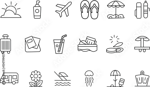 Summer Holiday Outline Icons Set , Linear Icon Collection, Editable Stroke , Vector Illustration