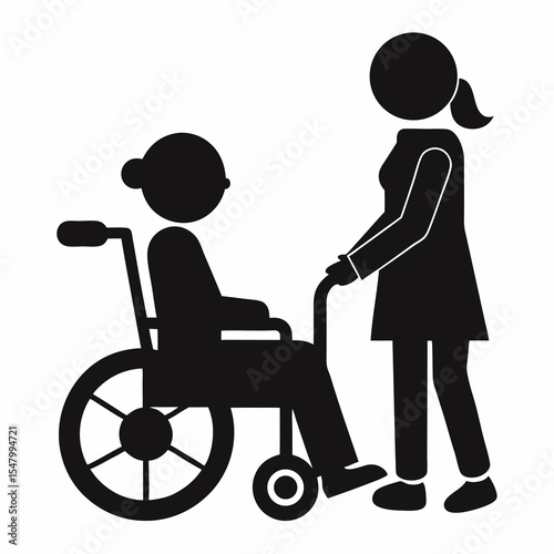 Silhouette illustration depicting a wheelchair bound patient with a caregiver symbolizing assistance healthcare and disability support services on a white background