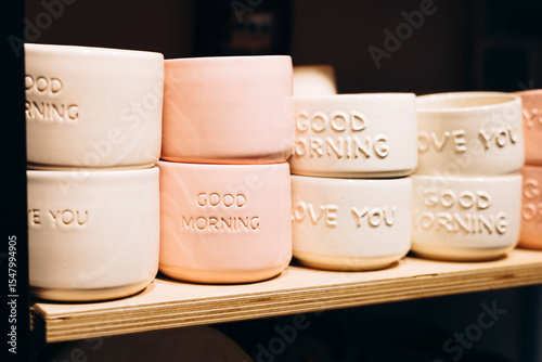 Ceramic mugs with Good Morning text on shelf in tableware store.