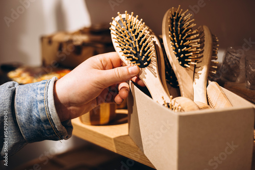 Man choosing wooden comb in natural handmade wooden products store.