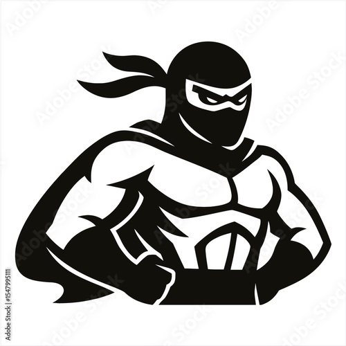 Muscular ninja superhero mascot with cape vector logo