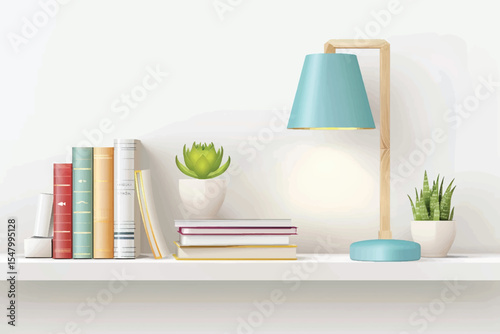 Wooden shelf with books and lamp on brick wall background.