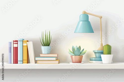 Wooden shelf with books and lamp on brick wall background.