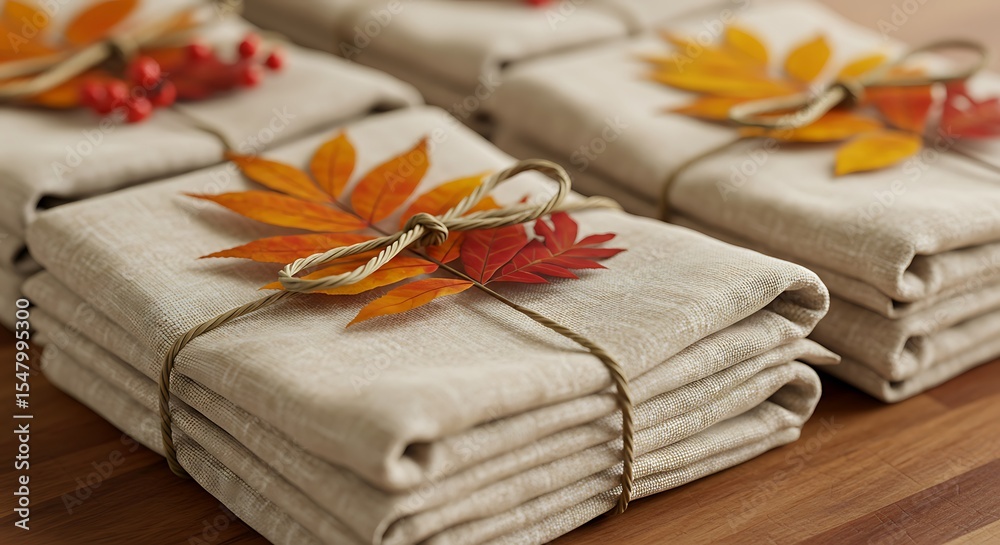 Fototapeta premium Autumn Table Setting: Linen Napkins with Fall Leaves