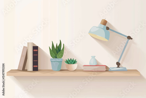 Wooden shelf with books and lamp on brick wall background.
