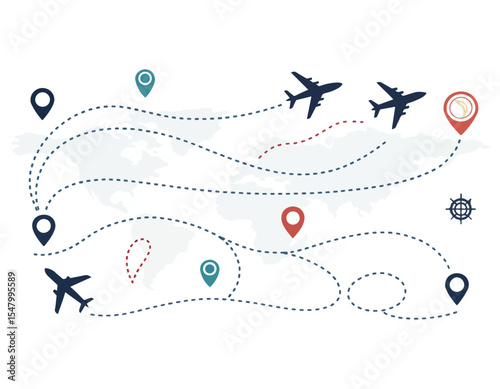 Airplane dotted route line set.Path travel line shapes with start point and dash line trace for plan vector set flat style plane icon from start pin point to finish isolated on white background.Airpla
