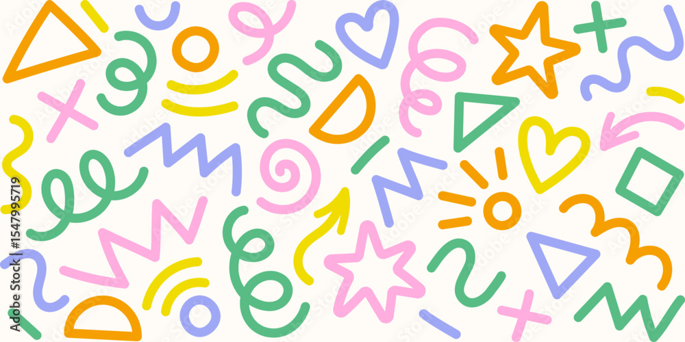 Modern basic shapes set: star, arrow, triangle, circle, heart, zigzag, spiral, wavy lines. Trendy Memphis geometric pattern. Cool abstract background in retro 80s, 90s style. Cute kid doodle design.	