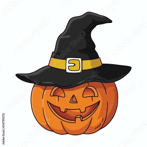Smiling Jack-o'-Lantern Pumpkin Wearing a Black Witch Hat for Halloween