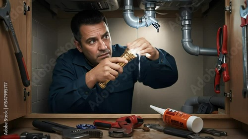 Man repairing plumbing pipe with tools and glue in a workshop setting