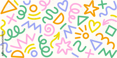 Modern basic shapes set: star, arrow, triangle, circle, heart, zigzag, spiral, wavy lines. Trendy Memphis geometric pattern. Cool abstract background in retro 80s, 90s style. Cute kid doodle design.	