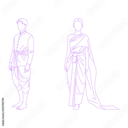 person wearing a chut thai (traditional Thai dress) lineart illustration