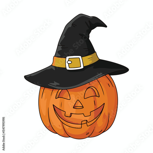 Smiling Jack-o'-Lantern Pumpkin Wearing a Black Witch Hat for Halloween