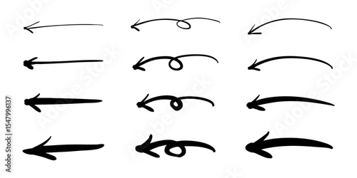 左向きのペンの手書き矢印セット 白黒　ベクター