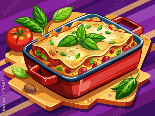 vector of Delicious baked eggplant parmesan in a red dish, especially for cooking on the table with a beautiful decoration.