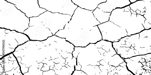 Generate an image depicting a stark, high-contrast texture of a cracked surface, emphasizing the intricate network of fissures. The cracks should be prominent and dark against a light.
