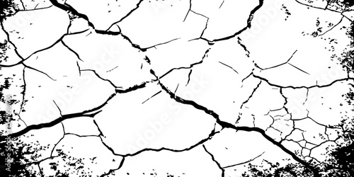 Generate an image depicting a stark, high-contrast texture of a cracked surface, emphasizing the intricate network of fissures. The cracks should be prominent and dark against a light.