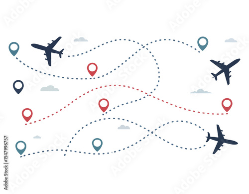 Airplane line path travel line icon vector, airplane location path in dotted line, airplane routes dashed line trace point to finish isolated on white background.Airplane route trace flight vector ill