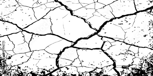 Generate an image depicting a stark, high-contrast texture of a cracked surface, emphasizing the intricate network of fissures. The cracks should be prominent and dark against a light.