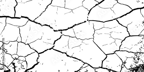 Create a high-contrast black and white image of a network of sharp,irregular cracks spread across a white surface,reminiscent of parched earth during a dry season in Hemayetpur,Dhaka Divis Bangladesh.