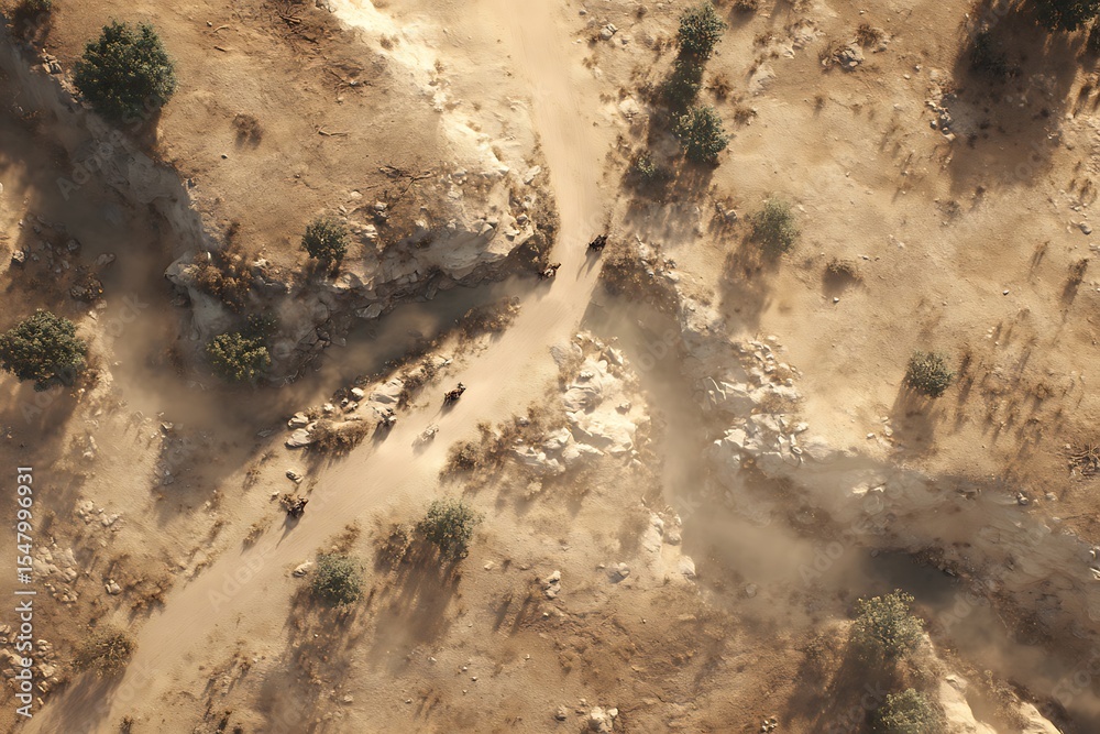 Obraz premium High-angle view of a dusty path winding through a dry, rocky landscape.