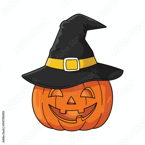 Smiling Jack-o'-Lantern Pumpkin Wearing a Black Witch Hat for Halloween