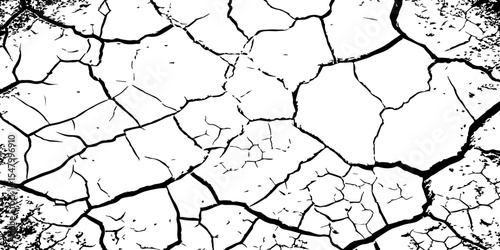 Create a high-contrast black and white image of a network of sharp,irregular cracks spread across a white surface,reminiscent of parched earth during a dry season in Hemayetpur,Dhaka Divis Bangladesh.