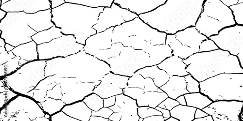 Create a high-contrast black and white image of a network of sharp,irregular cracks spread across a white surface,reminiscent of parched earth during a dry season in Hemayetpur,Dhaka Divis Bangladesh.