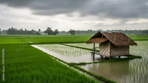 Serene Rural Rice Field with Traditional House under Cloudy Sky During Rainy Season