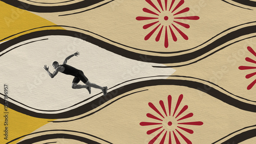 A sprinter dashes along abstract curves, surrounded by floral graphics evoking flow, motion, and modern athleticism. Concept of tension and grace in every leap forward. Flat folk illustration style