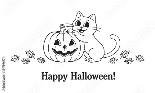 Cute Halloween Cat with Pumpkin – Happy Halloween Coloring Page Illustration